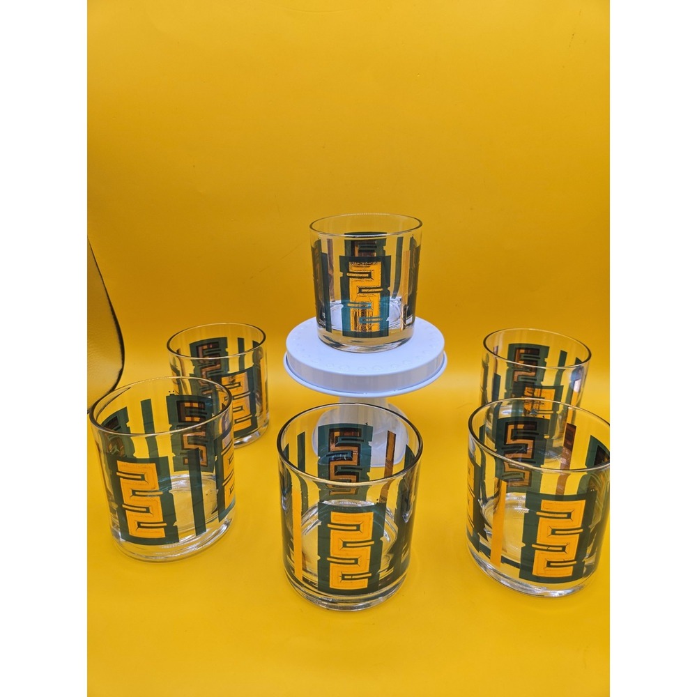 Set of 6 MCM Lowball Glasses with Green Gold Meander Pattern EXCELLENT!!!